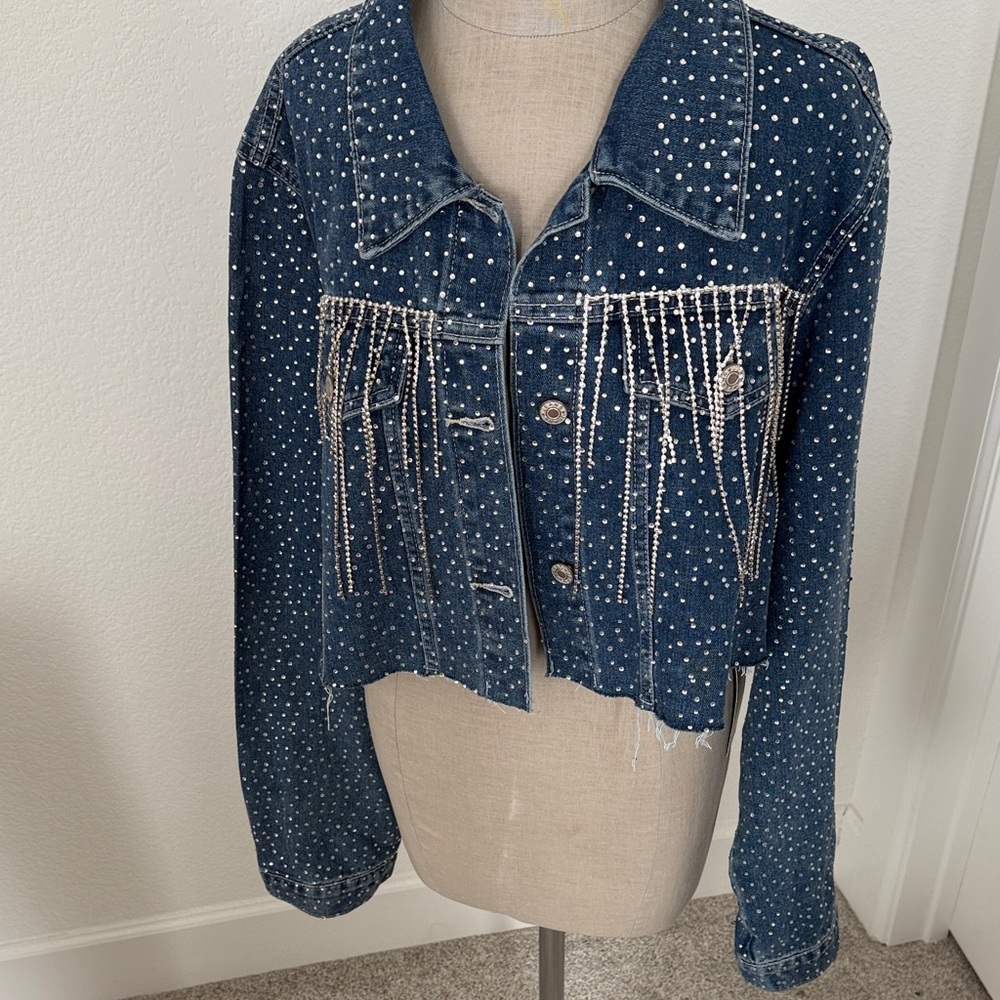 Embellished Rhinestone Fringe Jean Jacket - Picture 6 of 11